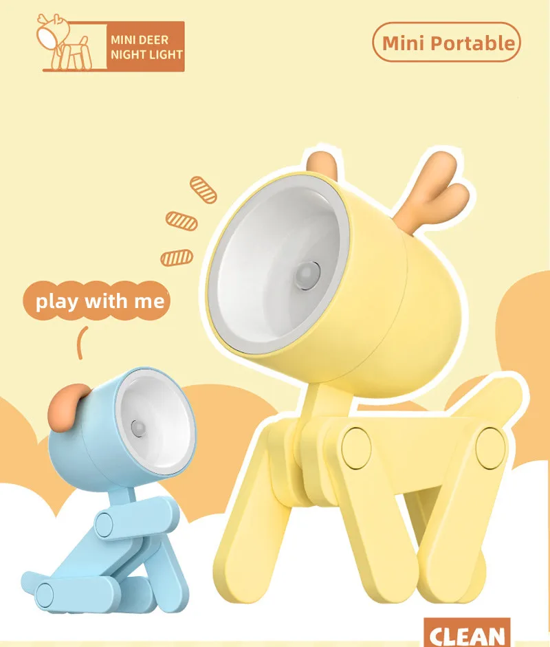 Mini Led Night Lights Folding Desk Lamp Cartoon Cute Pet Dog Deer Shape Nightlights Adjustable Kids Bedroom Bedside Decor Gift