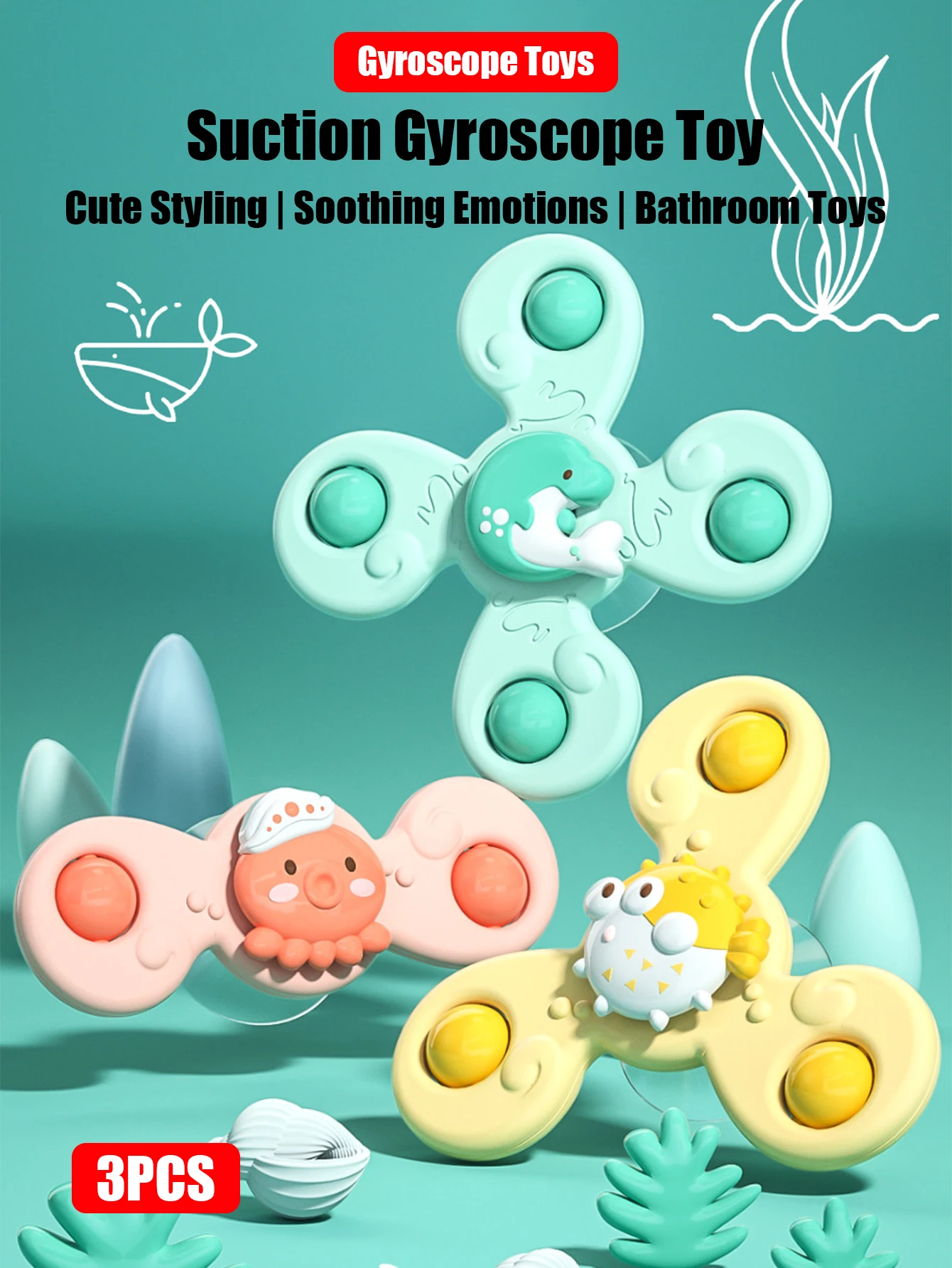 3Pcs/Set Suction Cup Spinning Cartoon Animal Spinner Toys Kids Window Baby High Chair Table Travel Bath Toy for Children Gift