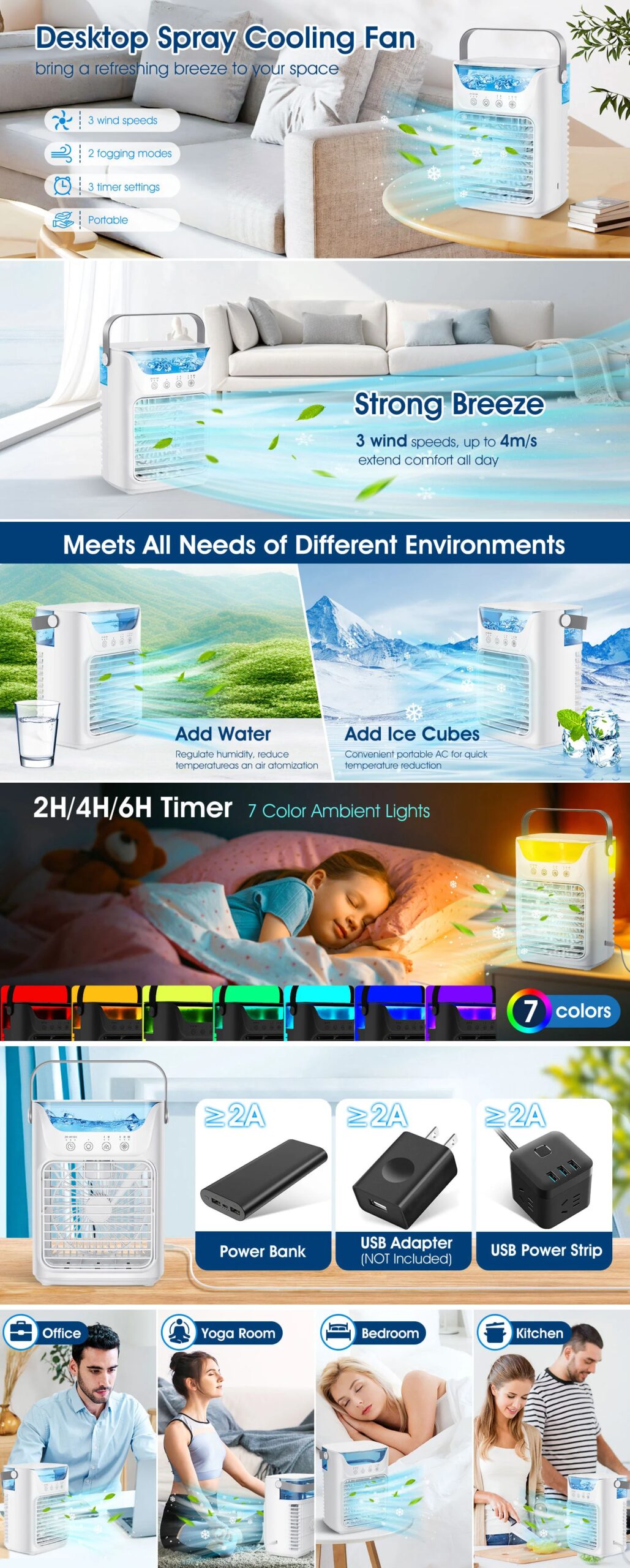 Portable Air Conditioners Fan Desktop Air Cooler 3 in 1 Humidifier Water Mist Fan LED Night Light USB Charging for Home Camping Portable Air Conditioners Fan Desktop Air Cooler 3 in 1 Humidifier Water Mist Fan LED Night Light USB Charging for Home Camping