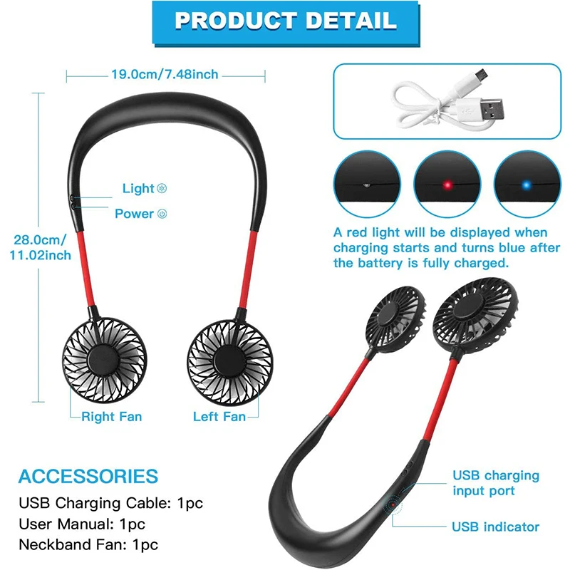 Hands-free Neck Band Fan Hands-Free Hanging USB Rechargeable Dual Fan Mini Air Cooler Summer Portable