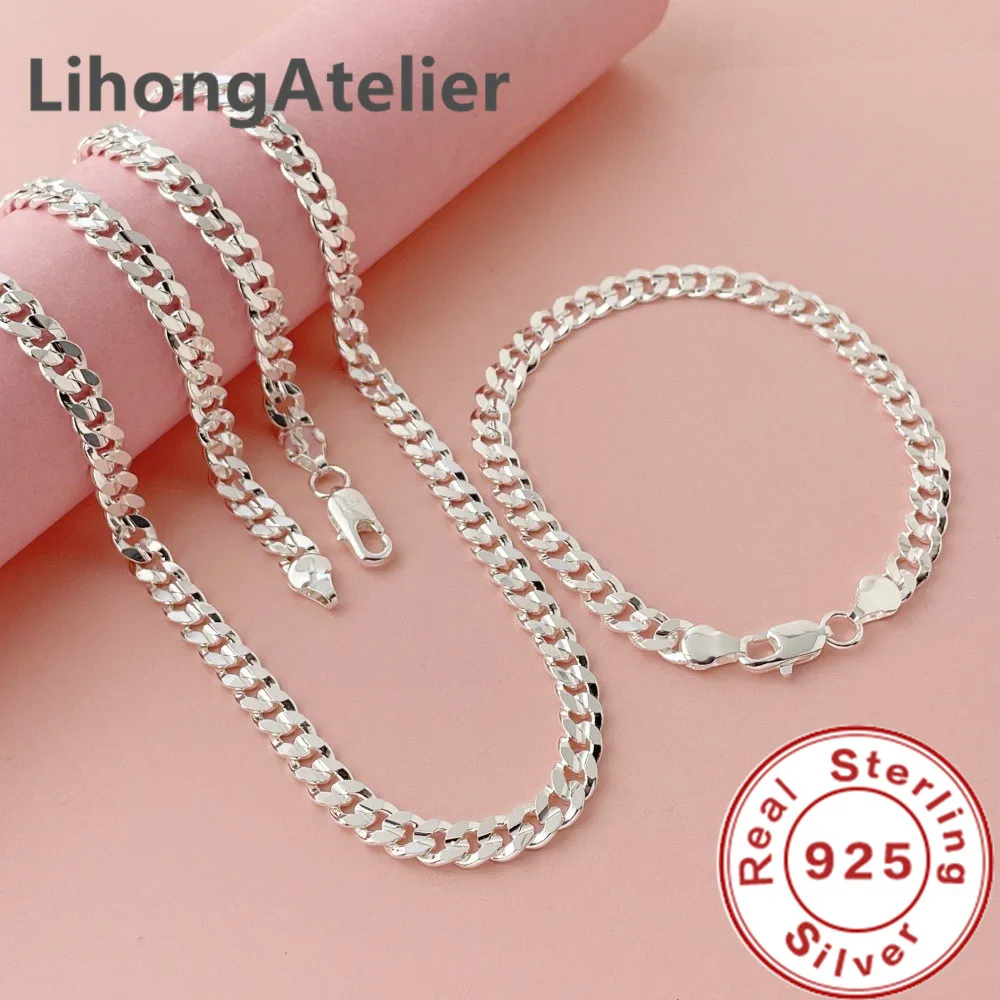 925 Sterling Silver 7mm Side Nk Bracelet Necklace Jewelry Set Men'S & Women'S Light Luxury Wedding Jewelry Gift