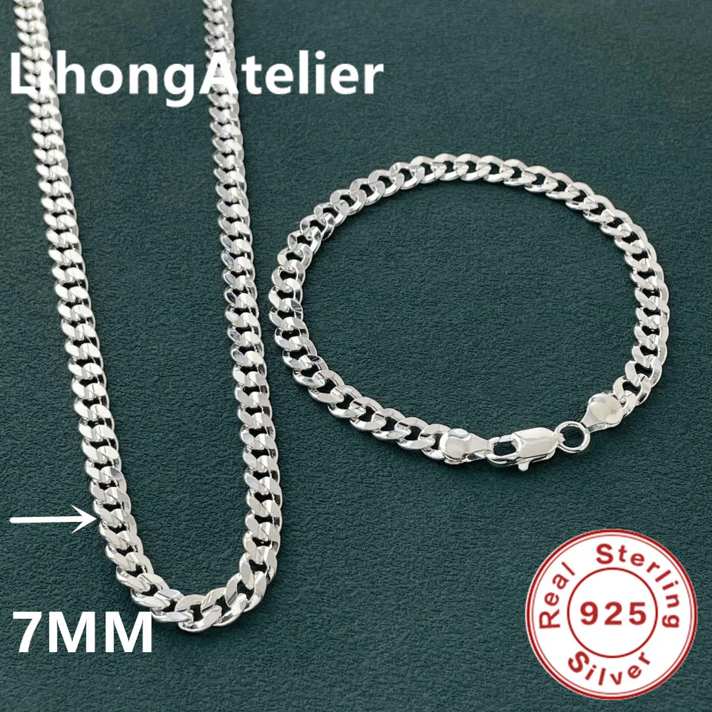 925 Sterling Silver 7mm Side Nk Bracelet Necklace Jewelry Set Men'S & Women'S Light Luxury Wedding Jewelry Gift