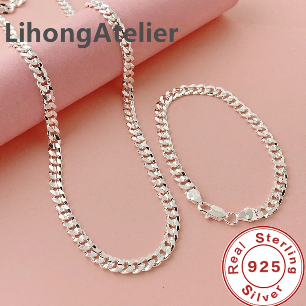 925 Sterling Silver 7mm Side Nk Bracelet Necklace Jewelry Set Men'S & Women'S Light Luxury Wedding Jewelry Gift